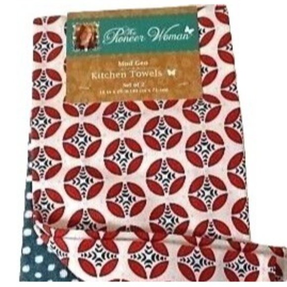 Pioneer Woman Mod Geo Kitchen Towels 2-Piece Geometric Retro Dot Red Teal White - Picture 2 of 3